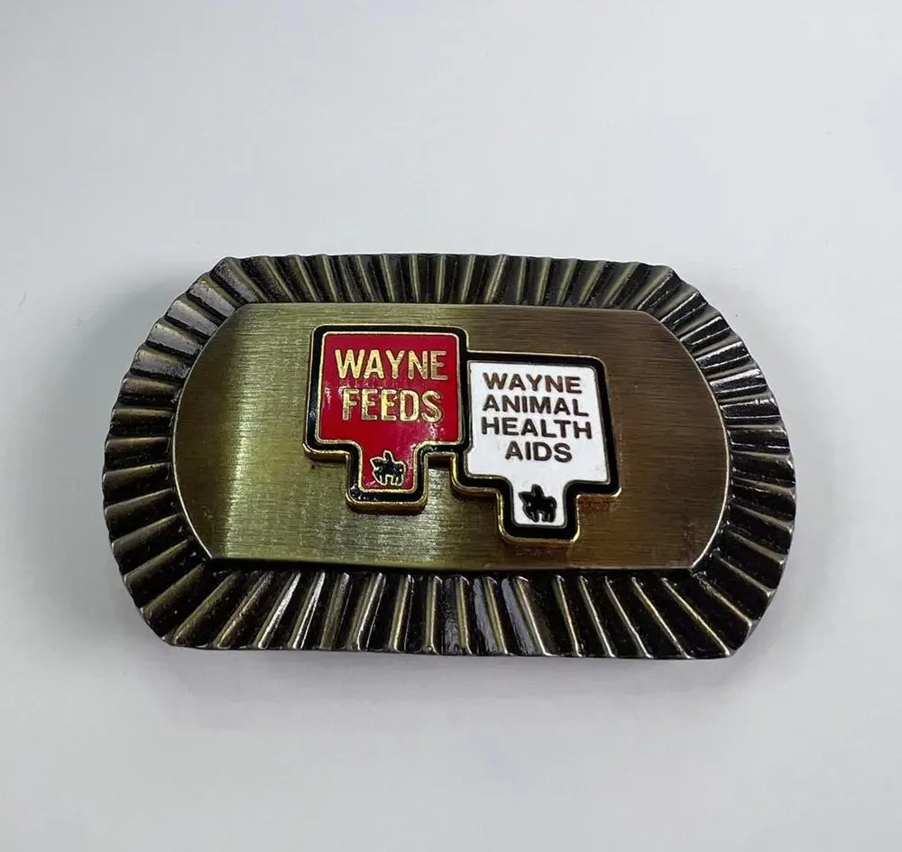 Vintage Brass Enamel Belt Buckle Wayne Feeds Animal Health Aids Farm Country